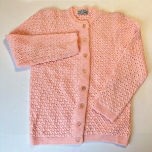 Vintage Cuddle Knit Pink Cardigan Sweater Orlon Acrylic Wintuk Textured Knit M/L